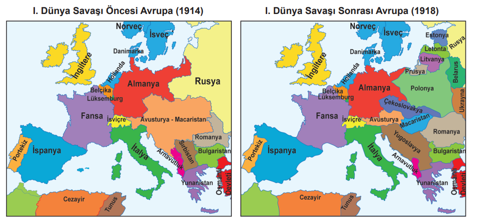 I. Dünya Savaşı Öncesi ve Sonrası Avrupa Haritası